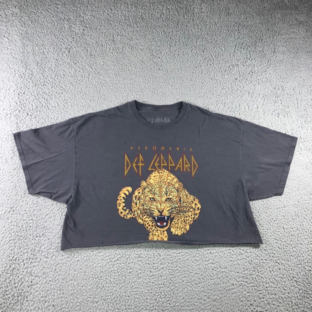 Def Leppard Graphic T-Shirt S/M Oversized Pyromania Leopard Raw Hem Crop Top